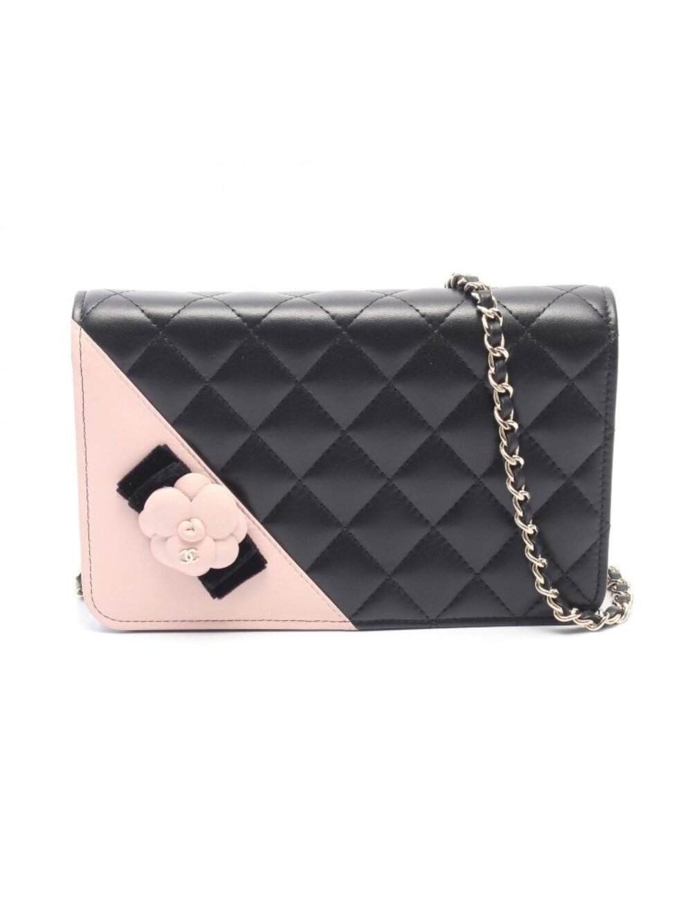 Chanel Shoulder Bag Quilted Camellia Ribbon Black Light Pink Lambskin Chain